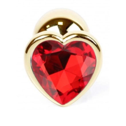 Szív alakú, arany színű, köves anál plug - L méret (Piros)