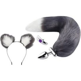   Formázható műszőrmés anál plug horgony véggel és hajpánttal (szürke-fehér)