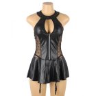 Roxy plus size bőr hatású csipkés ruha harisnyatartóval és bugyival (Fekete)