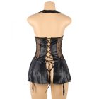 Roxy plus size bőr hatású csipkés ruha harisnyatartóval és bugyival (Fekete)