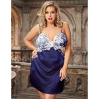 Izabella plus size dekoratív szatén és csipkés hálóing (Kék)